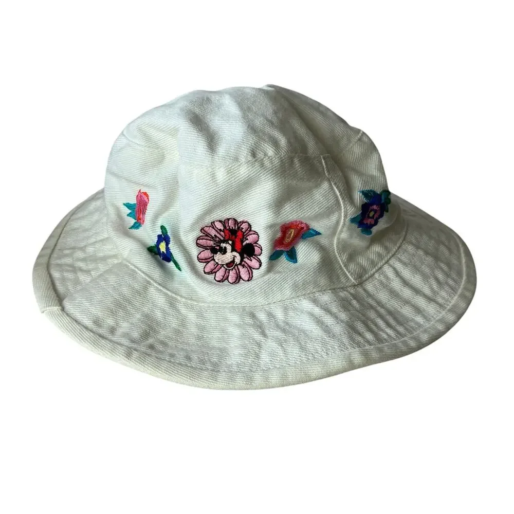 Disney Bucket Hat Girl OS White Vintage Minnie Mouse Floral Embroidered 90s READ
